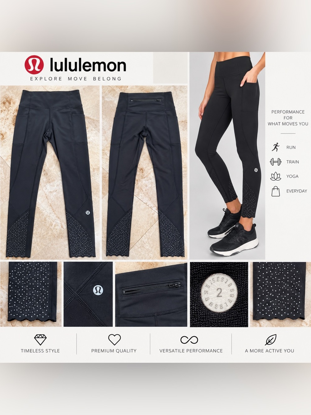 Lululemon Tight Stuff Reflective Scalloped Leggings – Black – Size 2